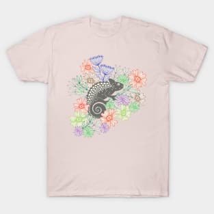 CHAMELEONS JUST WANNA HAVE FUN Cute Reptile Lizard with Rainforest Jungle Flowers in Retro Gray - UnBlink Studio by Jackie Tahara T-Shirt